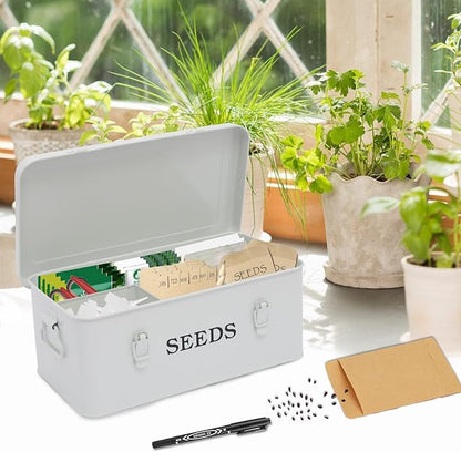 4 Dividers Seed Storage Box, Metal Seed Box Seed Storage Organizer with Safety Lock, Portable Garden Seed Bin, Professional All-in-one Kit, White