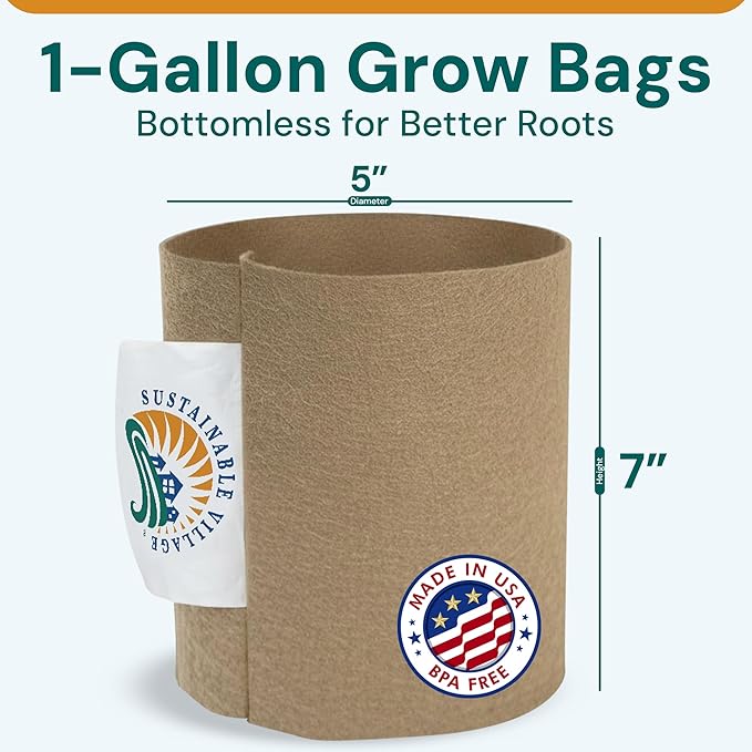 Sustainable Village Grow Bags - 1-Gallon Bottomless Fabric Pots for Plants for Indoor and Outdoor Use - Breathable Design for Healthier Roots- 20 Pack