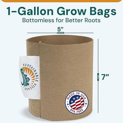 Sustainable Village Grow Bags - 1-Gallon Bottomless Fabric Pots for Plants for Indoor and Outdoor Use - Breathable Design for Healthier Roots- 20 Pack