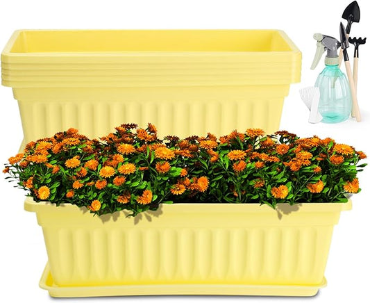 HOXHA 6 Pack Window Box Planter, 17 Inches Vegetable Flower Plastic Planter Boxes with Tray, Rectangular Planter Indoor and Outdoor Flower Pots for Windowsill, Patio, Porch, Garden Balcony, Yellow
