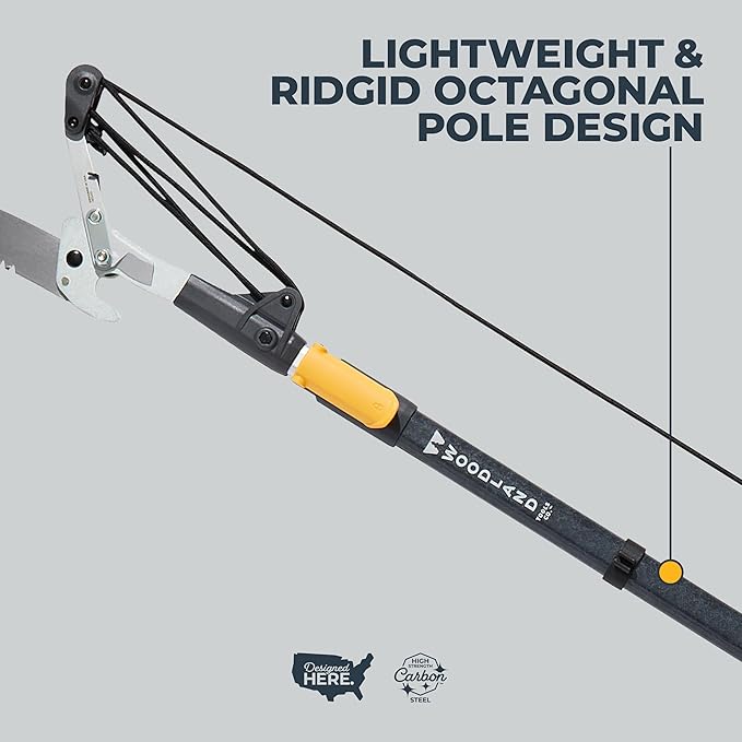 WOODLAND TOOLS 12 Foot Tree Pruner – Extendable Pole Pruner with Bypass Cutting Head, Saw Blade, Double Lock System, Fiberglass and Aluminum Poles, Cord Management, Compound Pulley System