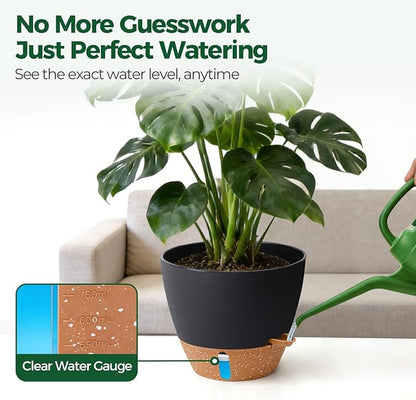 T4U 5 Pack Self Watering Pots (6"+8"+9"+10"+12") - Water Level Indicator & Deep Reservoir, Mess-Free Planters for Busy People, Beginners & Gardeners, Fit Most Plants, Indoor Outdoor Use (Black)