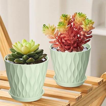 12 Pack 4 Inch Small Plant Pots with Saucers, Waffle Texture Plastic Planters with Drainage Holes for Indoor and Outdoor Plants, Flowers, Herbs, Succulents, and Seedlings, Green