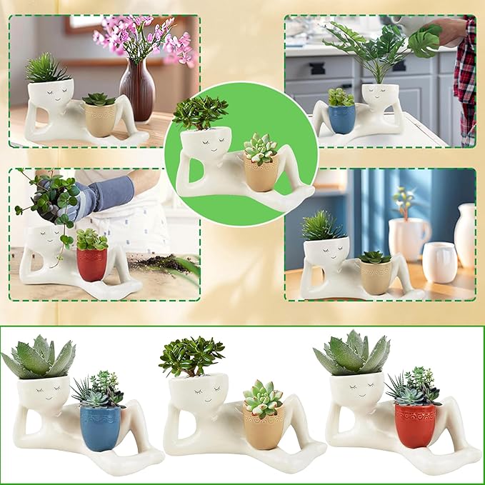 Lazy Guy Planter - Funny Smiling Face Resin Flower Pot with Double Drainage Hole, Cute Lying Down Figure Succulent & Cactus Planter, Unique Home Garden Decor Gift for Family & Friends (Red)