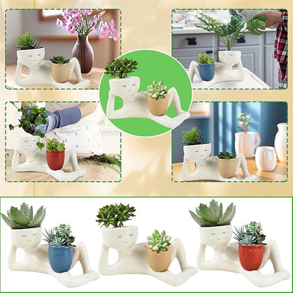 Lazy Guy Planter - Funny Smiling Face Resin Flower Pot with Double Drainage Hole, Cute Lying Down Figure Succulent & Cactus Planter, Unique Home Garden Decor Gift for Family & Friends (Red)