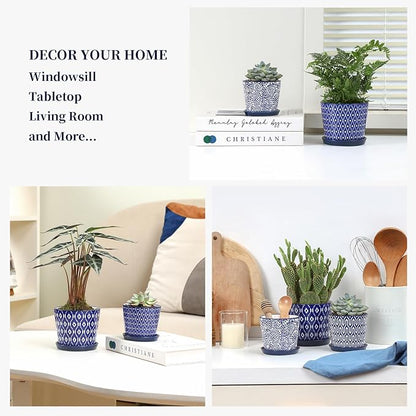 Selamica Ceramic Succulent Pots, 4.3 Inch Small Plant Pots with Drainage Holes and Saucers, Small Flower Pots for Succulent, Cactus, Home Decor, Set of 4, Vintage Blue