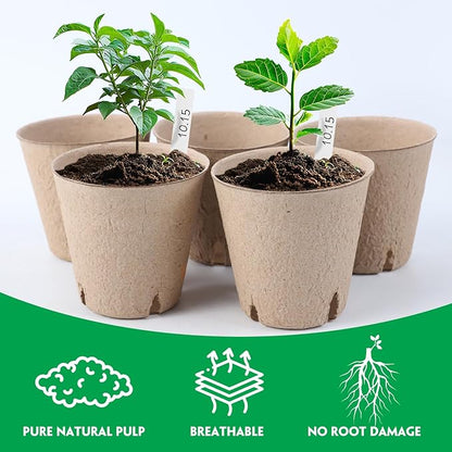 100 Pack Peat Pots for Seedlings, 3.15 Inch Plant Starter Cups with Drainage Holes, Garden Germination Nursery Pots with 30 Plant Labels, 2 Transplant Tools for Herb, Vegetables, Plants