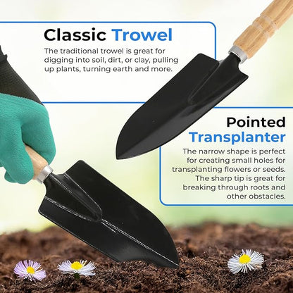 Scuddles Heavy Duty Garden Tool Bag with Stainless Steel Hand Tools, Non Slip Rubber Grip Wooden Handles, Garden Gloves with Fingertip Claws, Reinforced Tote for Planting, Pruning, Landscaping