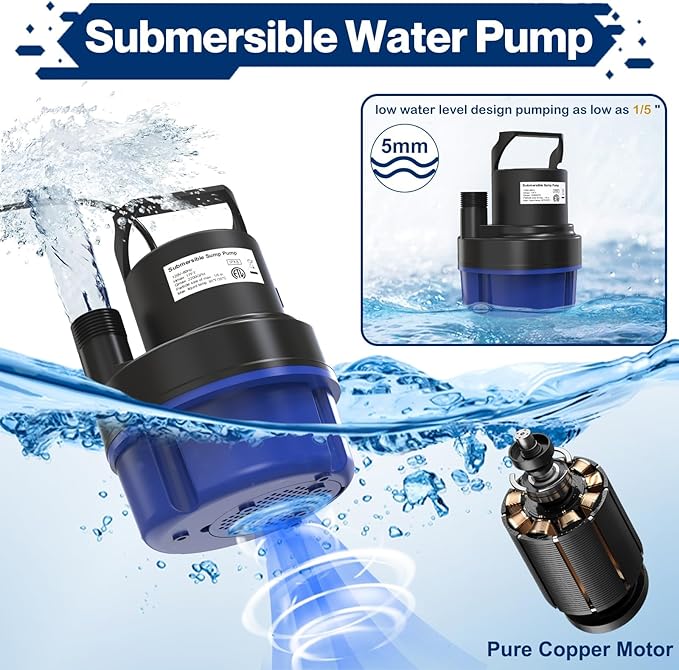 AgiiMan 1/2HP Submersible Water Pump, 2200GPH Portable Sump Pump for Pool Draining, Pool Cover Pump with 25FT Power Cord for Basements, Pool, Fountains, Hot Tub, Garden, Blue