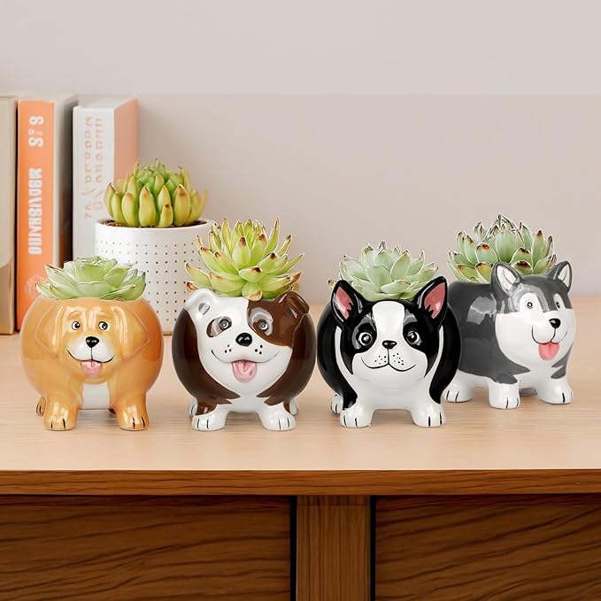 EFISPSS 4PCS Animal Succulent Plant Pots, Mini Doggy Shape Succulent Planter Pots with Drainage Hole, Ceramic Flower Pots for Home Decor and Office Desk Decoration