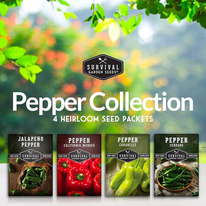 4 Variety Pack Pepper Seed Collection | Jalapeño, Serrano, Cubanelle & California Wonder | Heirloom Non-GMO Hot & Sweet Peppers | Survival Garden Seeds