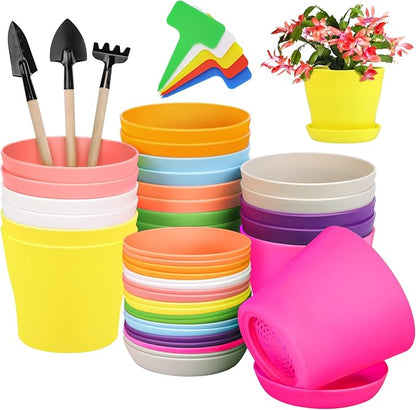 20 Pack Plastic Planters 4 Inch Plant Flower Pot with Trays, Seedlings Nursery Pots Planter Flower Container Seed Pots for Seedling, Transplanting, Cutting, Assorted 10 Colors