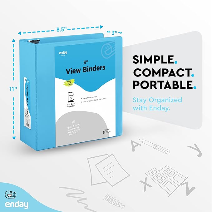 Enday 3 Inch Binder 3 Ring Binders Blue, Slant D-Ring 3” Clear View Cover with 2 Inside Pockets, Heavy Duty Colored School Supplies Office and Home Binders