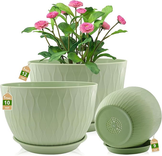 12/10/9 inch Plant Pots, 3 Pack Flower Pots for Outdoor Indoor Garden Plants, Large Planters with Multi Mesh Drainage Holes and Saucer (Green, 12"+10"+9")