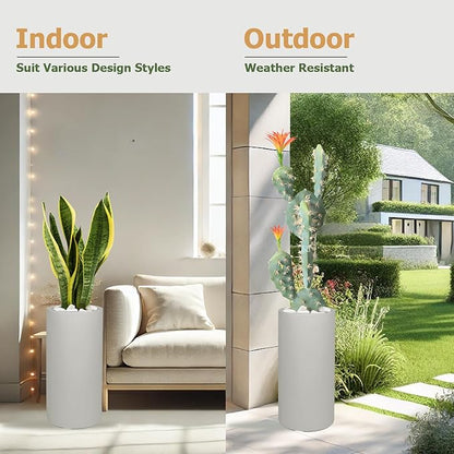 19.5" H x 9.8" D Tubo Fiberstone Cylinder Tall Planter with Drainage Hole, Smooth Finishes, Weather Resistant, Included 2 Extra Coco Mats (Light French Gray, 8.2" Pot Opening)