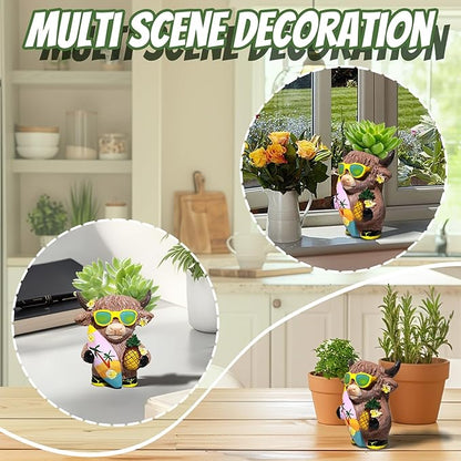 Cute Cow Planter Pots, Highland Cow Planter With Drain, 4.3 Inch Animal Planter, Resin Highland Cow Figurine, Storage Containers For Outdoor Indoor Backyard Balcony Planters Home Garden Decor Gifts