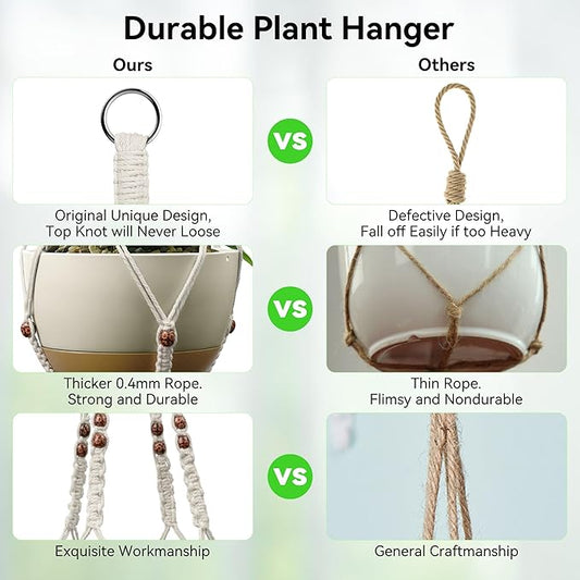 USLAI Macrame Plant Hanger Indoor Outdoor, Fits 4 to 15 Inch Pots, Strong Hanging Planter Holder, Boho Home Decor, 35+35 Inch, Ivory+Red Bead, Set of 2 (POTS NOT Included)
