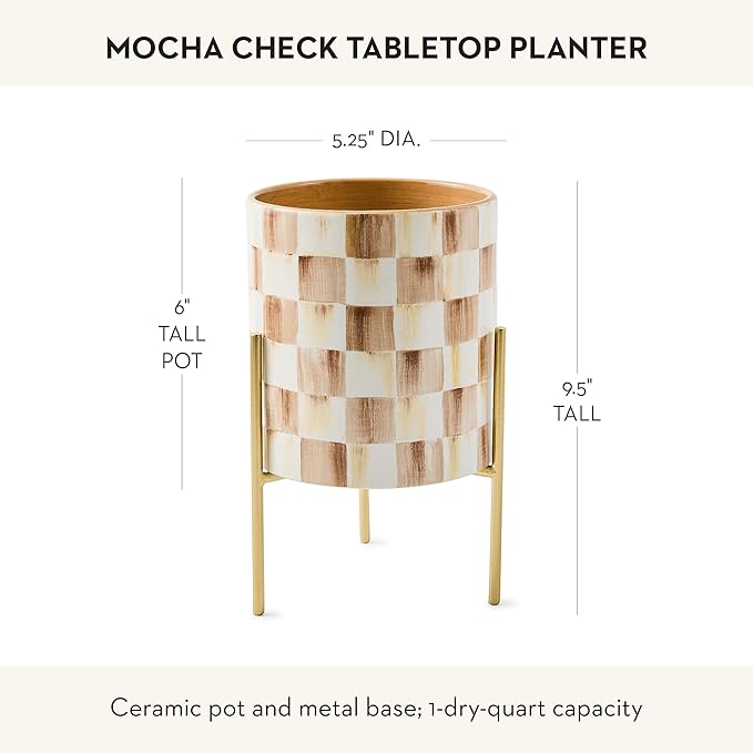 MACKENZIE-CHILDS Tabletop Planter, Ceramic Decorative Pot for Plants, Brown-and-White Mocha Check