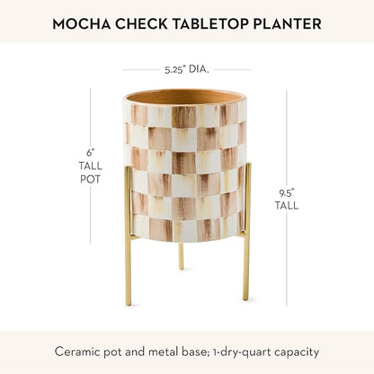 MACKENZIE-CHILDS Tabletop Planter, Ceramic Decorative Pot for Plants, Brown-and-White Mocha Check