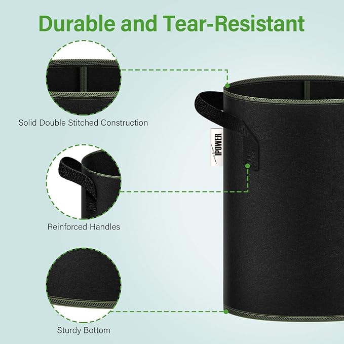 iPower 15-Gallon 10-PCS Thickened Grow Bag Nonwoven Fabric Pots with Handles Heavy Duty Aeration Container for Garden and Planting Vegetable Flowers, Black with Green Stitch Sewing