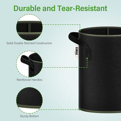 iPower 15-Gallon 10-PCS Thickened Grow Bag Nonwoven Fabric Pots with Handles Heavy Duty Aeration Container for Garden and Planting Vegetable Flowers, Black with Green Stitch Sewing