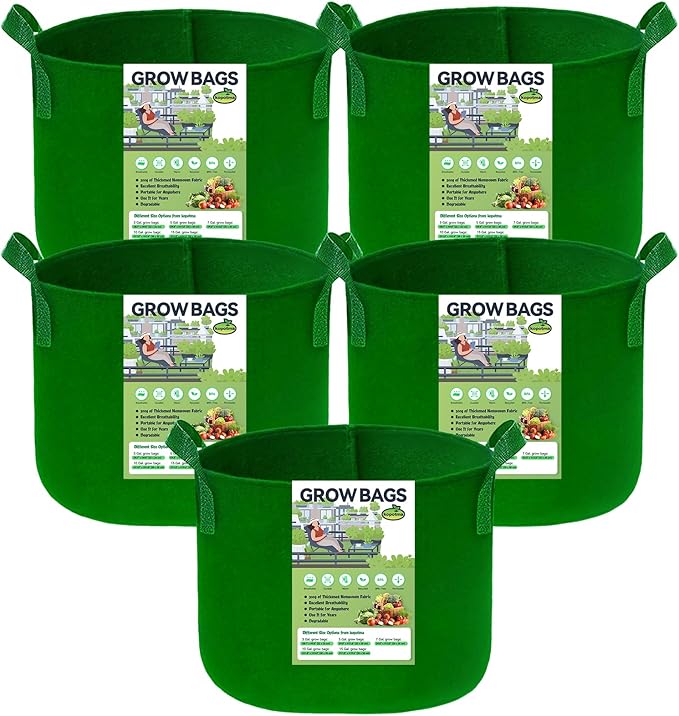 5 Gallon Grow Bags, Grow Bags 5 Gallon Fabric Plant Grow Bags Fabric Planters Garden Bgas Fabric Pots Tomato Planter Bags, 5-Pack, Green