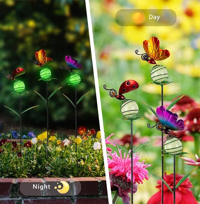 Stargarden Decorative Garden Stakes, 3 Pack Colorful Metal Garden Stakes, Luminous Butterfly Insect Metal Yard Art, Waterproof Garden Decor for Indoor, Outdoor