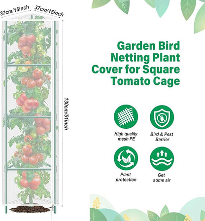 3 Pack Garden Bird Netting Plant Cover for Triangle Tomato Cage, 48"x13" Insect Bird Barrier Tomato Cage Net with Zipper & Drawstring, Tomato Trellis Netting Protection Cover for Protecting Plants