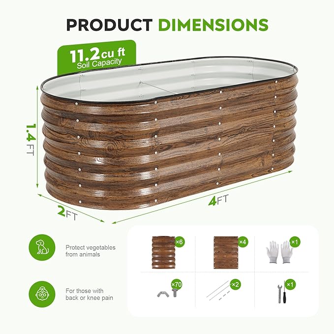 ZORMY Galvanized Raised Garden Bed Outdoor- 2PCS 4x2x1.4ft Oval Steel Raised Beds for Gardening, Metal Planter Box with Protective Strip and Gloves for Vegetables, Flowers, Fruits(Brown)