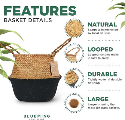Blueming Large Seagrass Planter Basket – Wicker Planter Pot for Olive Trees, Faux Plants, or Snake Plant, Woven Rattan Planters for Modern Home Decor (Black Bottom, Large)