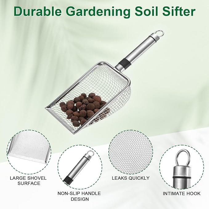 1-Pack Gardening Soil Sifter, 5 mm Mesh Stainless Steel Sand Soil Compost Sieve with Stainless Steel Handle for Sand/Dirt/Rock Compost [Silver Tone]