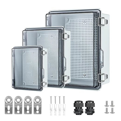 Small Waterproof Electrical Junction Box，IP67 Waterproof Clear ABS Plastic Enclosure Boxes for Outdoor Garden with Hinged Cover, Mounting Plate, Wall Brackets, Cable Glands (8.7"x6.7"x4.3" Clear)