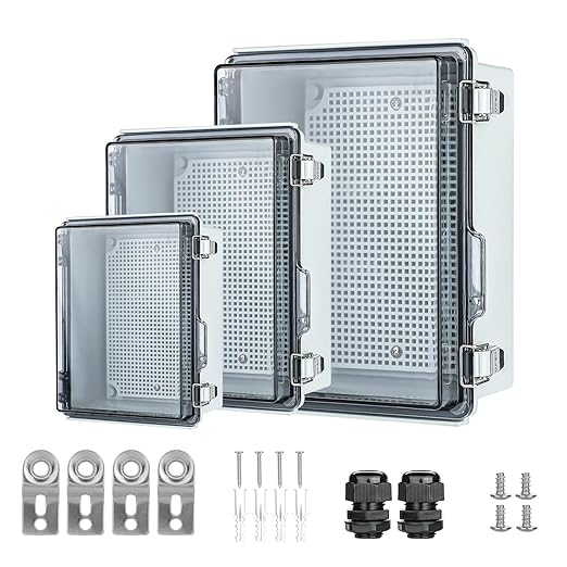 Waterproof Outdoor Project ABS Plastic Junction Box，IP67 Waterproof Clear Enclosure Boxes for Outdoor Garden with Hinged Cover, Mounting Plate, Wall Brackets, Cable Glands (Clear, 5.9"x5.9"x3.5")