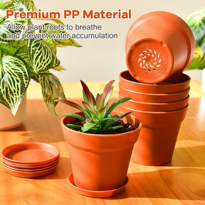 June Fox 60 Pack Small Plant Pots Indoor 4 Inch Plastic Planter with Drainage Holes and Saucers Premium Terracotta Pots Bulk for Succulent, African Violets, Flowers, Seed Starting