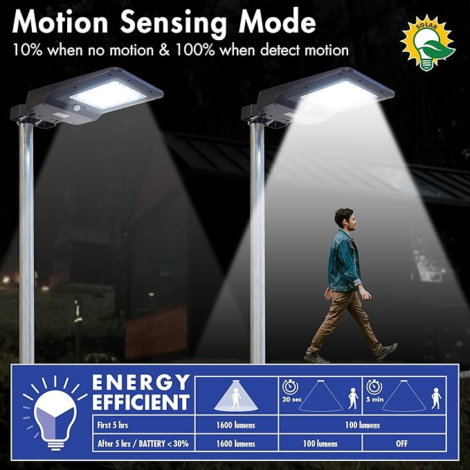 Wagan EL8586 1600 Lumen Integrated Solar Street Lamp Security Flood Light Motion Sensor Waterproof Weatherproof Dusk to Dawn Solar LED Light Lamp for Outdoor Garden Yard Path Parking Lot