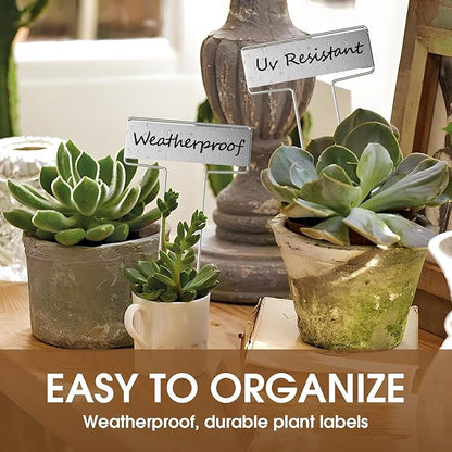 25PCS Silver Metal Plant Tags Plant Labels with 50Pcs Labels, Rainproof PET Film & 2 Permanent Pen, 6.1 inch Weatherproof Banner Garden Markers, Marking Protection Seedling Signs Nursery Tags