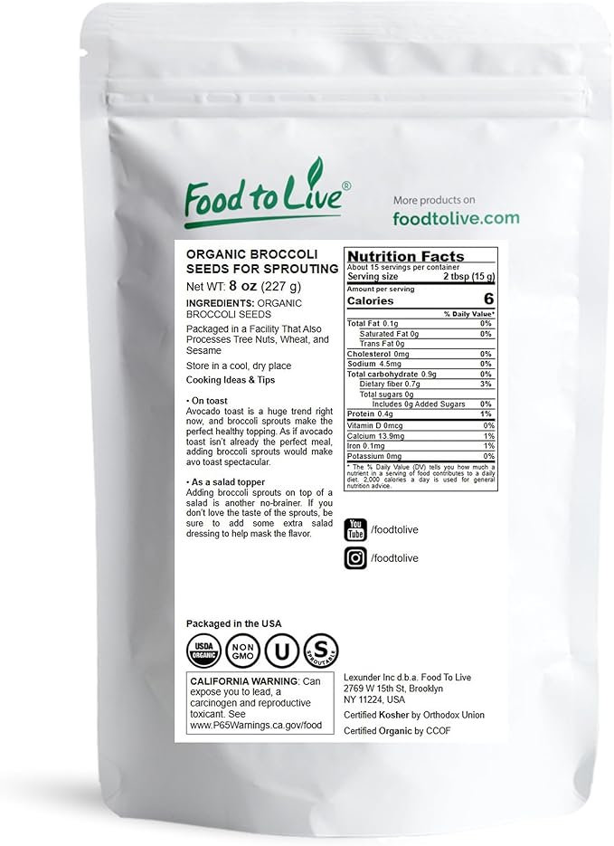 Food to Live Organic Broccoli Seeds for Sprouting, 8 Ounces – Non-GMO, Vegan, Kosher, Sirtfood, Bulk. Rich in Sulforaphane, Vitamin C. Grow Sprouts, Microgreens for Salads, and Sandwiches