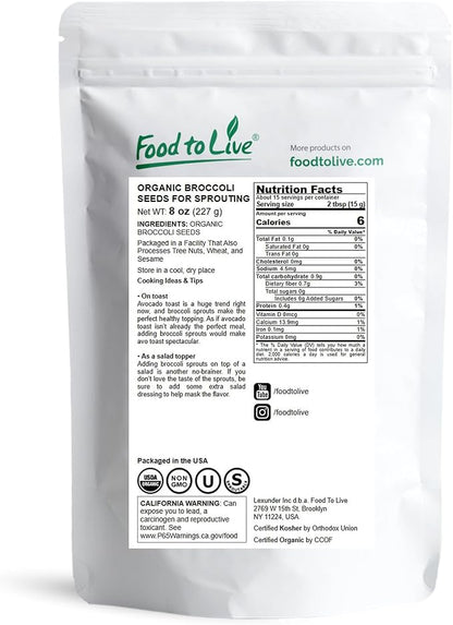 Food to Live Organic Broccoli Seeds for Sprouting, 8 Ounces – Non-GMO, Vegan, Kosher, Sirtfood, Bulk. Rich in Sulforaphane, Vitamin C. Grow Sprouts, Microgreens for Salads, and Sandwiches
