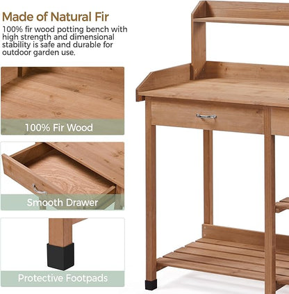 Yaheetech Potting Bench Outdoor Garden Work Bench Station Planting Solid Wood Construction for Horticulture w/Sink Drawer Rack Shelves Brown