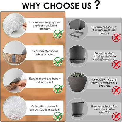 Self-Watering Plant Pots with Water Level Indicator, Drainage Holes & Saucers – 12/10/9 Inch Large Plastic Planter Set for Indoor & Outdoor Plants (White)