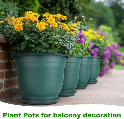 12 Pcs 8+'' Plastic Plant Pots Round Planter Pots with Saucer Tray Seedling Pot Hole Seed Resin Plant Pot Starting Nursery Flower Container with Pallet for Garden Outdoor Indoor (Green)