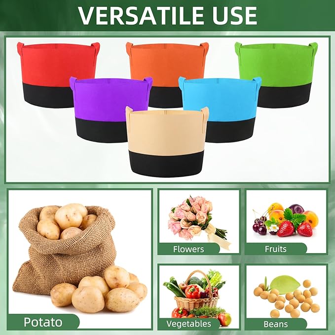 12 Pack 5 Gallon Grow Bags Colorful Fabric Plant Pots with Handles 5 Gal Garden Grow Bags Fabric Grow Pots Plant Growing Bags Vegetable Planting Bags for Garden and Outdoor (5 Gallon)