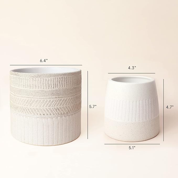LA JOLIE MUSE Flower Pots Indoor Plant Pot Set of 2, Unique Small Ceramic Plants Planter, 6.4+ 5.1 Inch Planters, Beige