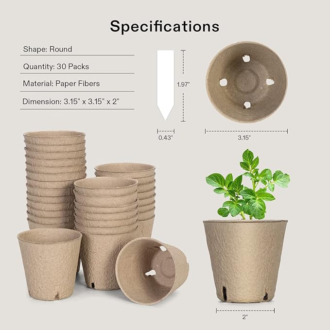 VIVOSUN Peat Pots, 60 Packs 3.15-Inch Seed Starting Pots with Drainage Holes, Round Nursery Pot, 20 Plant Labels for Flowers, Plants, Vegetables, 30Pcs