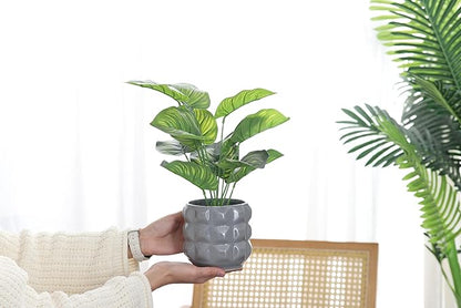 Arktiva Ceramic Planter Pot with Drainage Hole, 4.5 Inch Dia, Indoor and Outdoor, Home Patio Garden, Plants Flower Succulent, 3D Patterned Round (Gray)