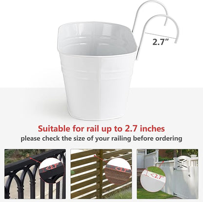 Dahey 4 Pcs Metal Iron Hanging Flower Pots for Railing Fence 15.7 Inch Hanging Bucket Pots Countryside Style Window Flower Plant Holder with Detachable Hooks for Garden Yard Home Decor, White