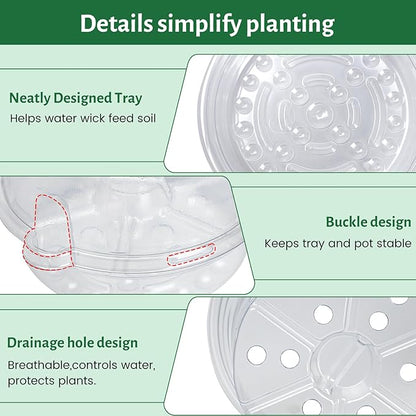 12 Pack 6.5 Inch Clear Self Watering Plant Pots with Bottom Water Tray & Watering Rope, Transparent Nursery Pots with Drainage for Seedlings, Herbs, and Houseplants