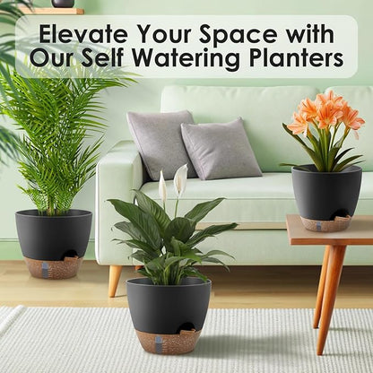 Self-Watering Plant Pots with Water Level Indicator, Drainage Holes & Saucers – 12/10/9 Inch Large Plastic Planter Set for Indoor & Outdoor Plants(Black)