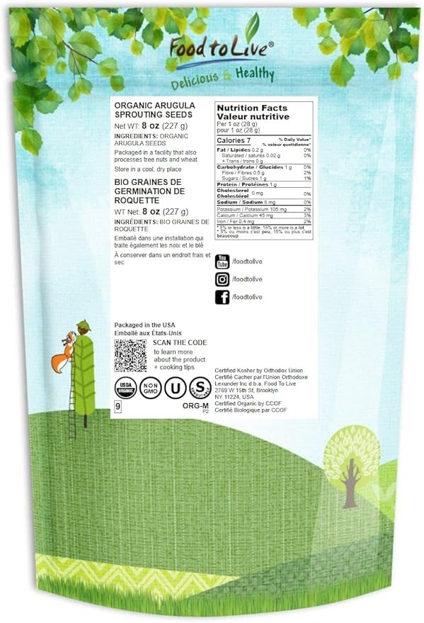 Food to Live Organic Arugula Sprouting Seeds, 8 Ounces – Non-GMO, Kosher, Great for Sprouting and Planting, High Germination Rate, Vegan Superfood, Bulk, Grow Amazing Sprout, Sirtfood