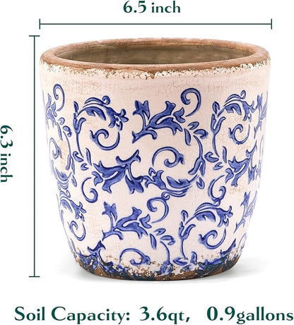 Vintage Ceramic Planter Without Drainage Hole, 6.5 Inch - Indoor/Outdoor Flower Pot for Orchids, Succulents, Blue Floral Rustic Farmhouse Plant Pot for Home, Office & Garden Décor, Ideal Gift